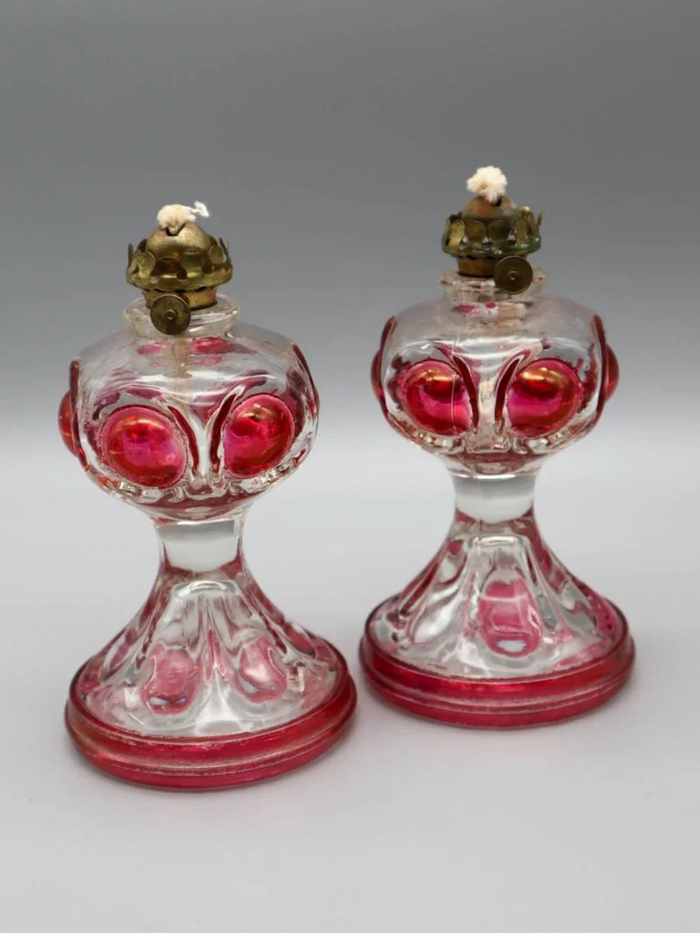 Vintage King's Crown Ruby Thumbprint / Bullseye Pressed Glass Miniature Oil Lamp